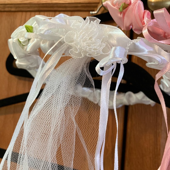 Childrens faux satin floral crown with veil and ribbon. Pink #4 or White #2 - Picture 5 of 5